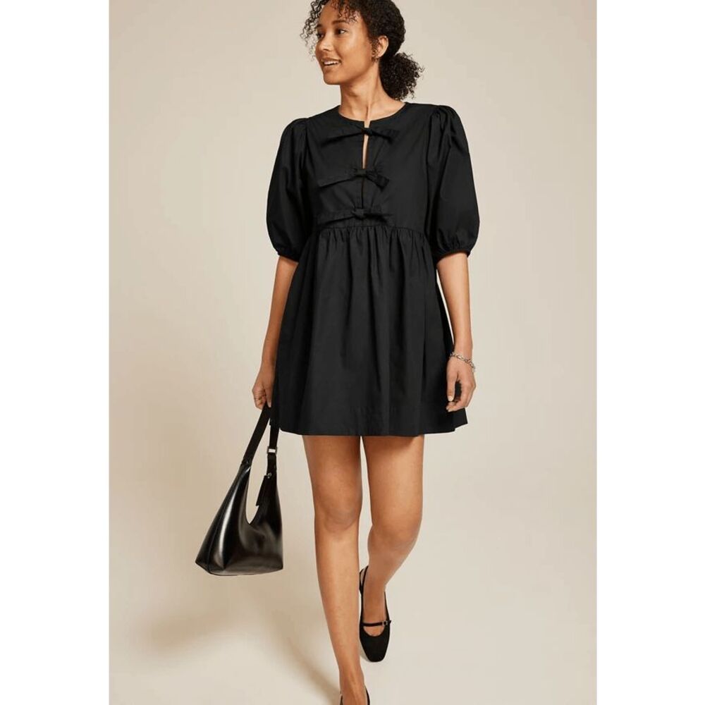 Band Of The Free Bubble Sleeve Tie Front Mini Dress Black M NWOT